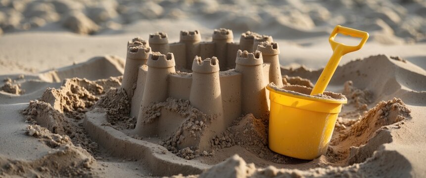 Sandcastle with yellow bucket and shovel on sandy beach during sunset light in a coastal environment.