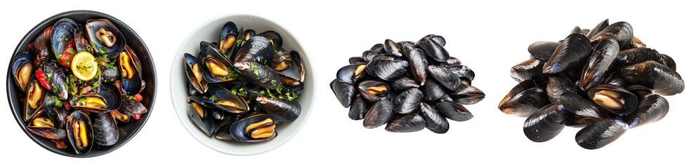 Set of steamed mussels isolated on transparent background