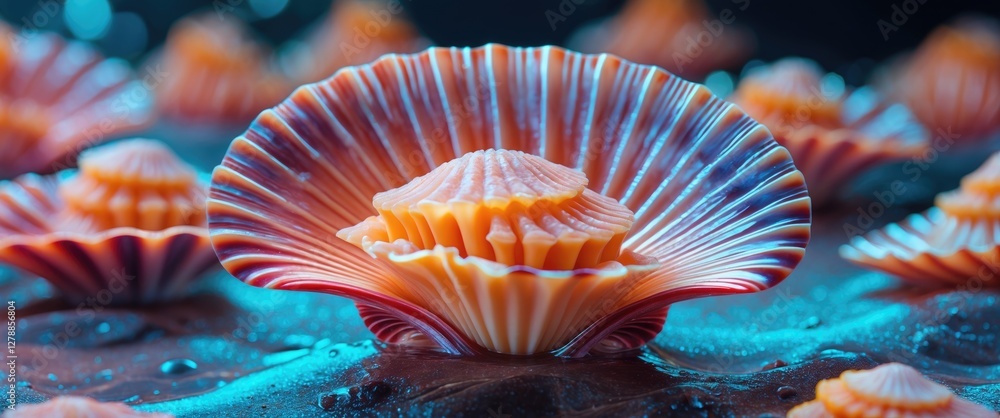 Poster colorful scallop shells with intricate patterns on a wet surface illuminated by blue light in an und