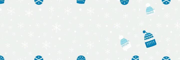 Seamless vector cozy winter pattern with snowflakes, mittens, and hats, texture, cold, snow