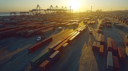 Sunset aerial view of a busy container port with trucks and cargo.