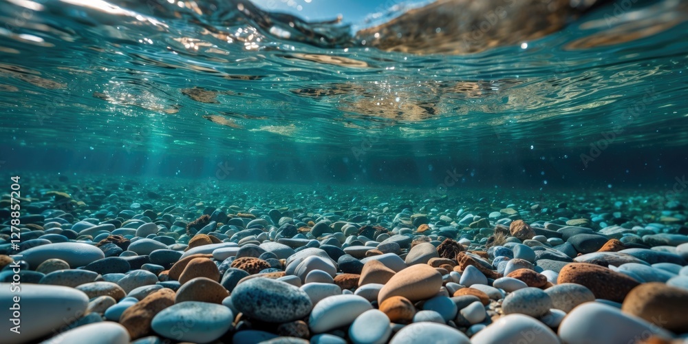 Poster underwater scene of pebbles and stones submerged in clear blue water with light rays filtering throu