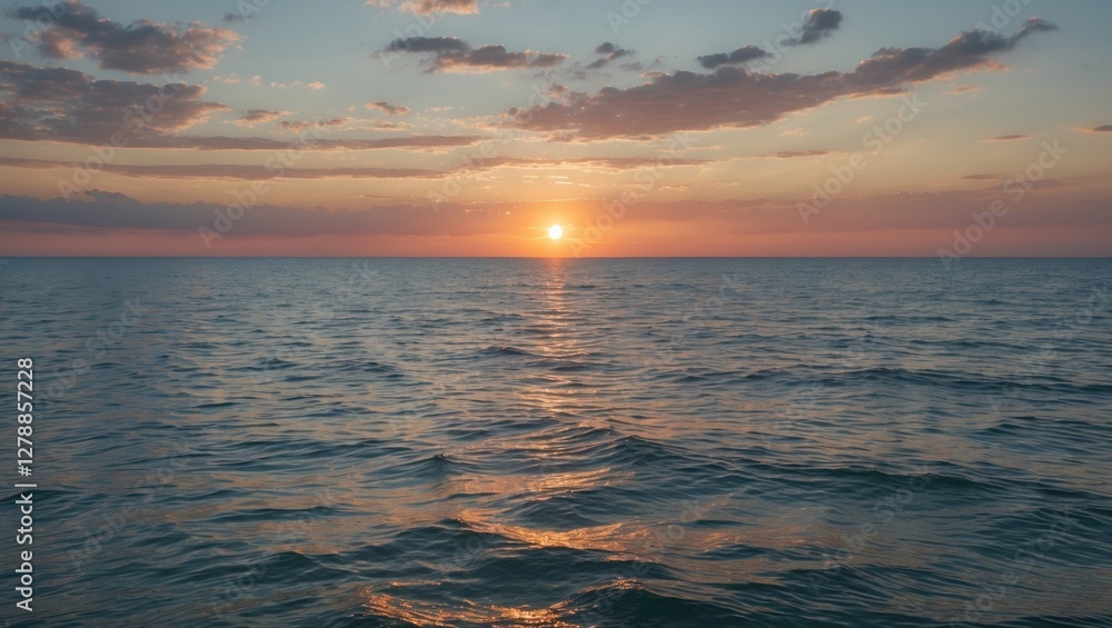 Poster sunset over calm ocean waters with colorful sky and clouds reflecting in the water surface at twilig