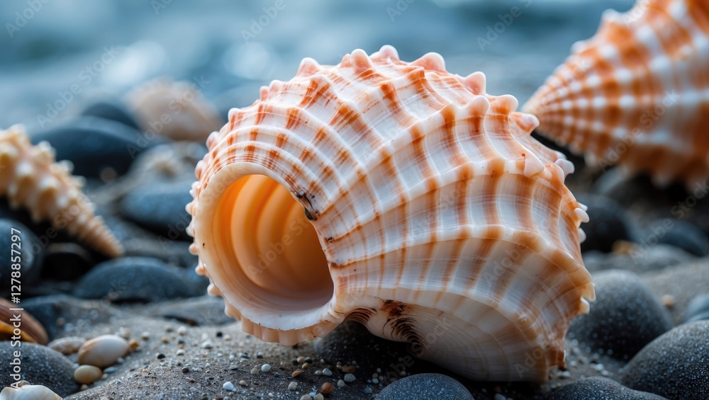 Poster close-up of a beautifully patterned seashell resting on pebbles by the sea with soft focus backgroun