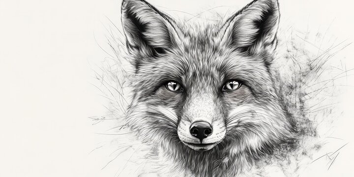 A captivating black and white pencil sketch captures a fox's head with lifelike realism. Intricate details and precise shading highlight its expressive face, emphasizing the delicate fur around its ey