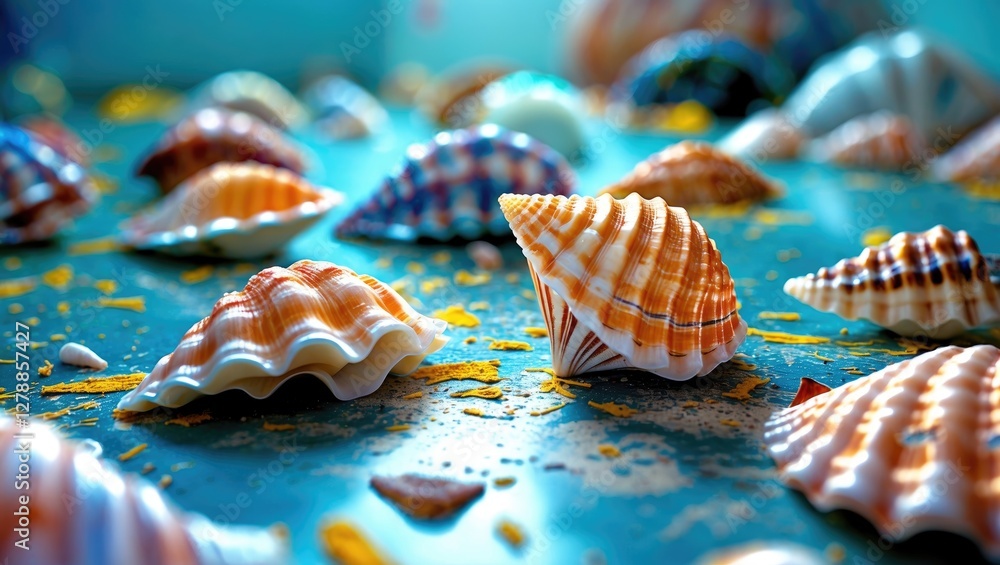 Poster colorful seashells scattered on a textured surface with yellow sand and background bokeh effect in s