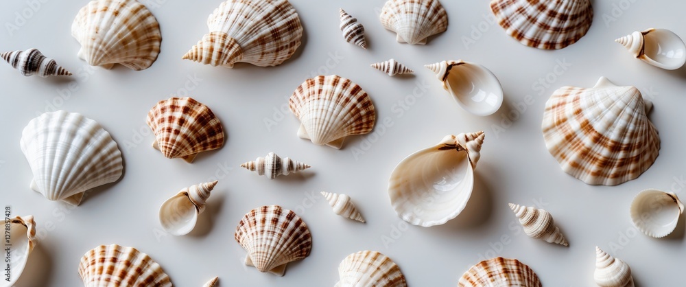Poster assorted seashells arranged on a white background featuring various shapes and patterns in shades of
