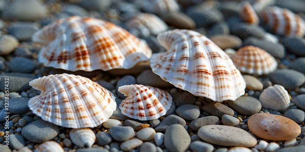 Poster close-up of various seashells on a pebbled beach surface highlighting textures and colors of the she