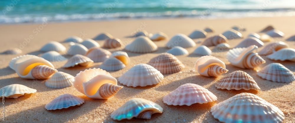Poster close-up of various seashells scattered on a sandy beach with gentle waves in the background under n