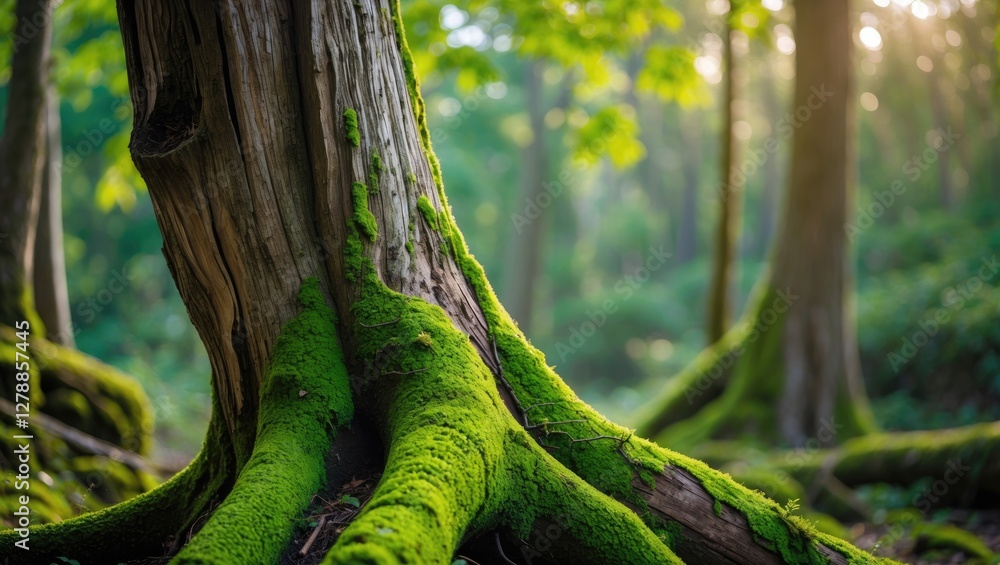 Poster moss-covered tree roots in a misty forest with soft morning light filtering through the trees