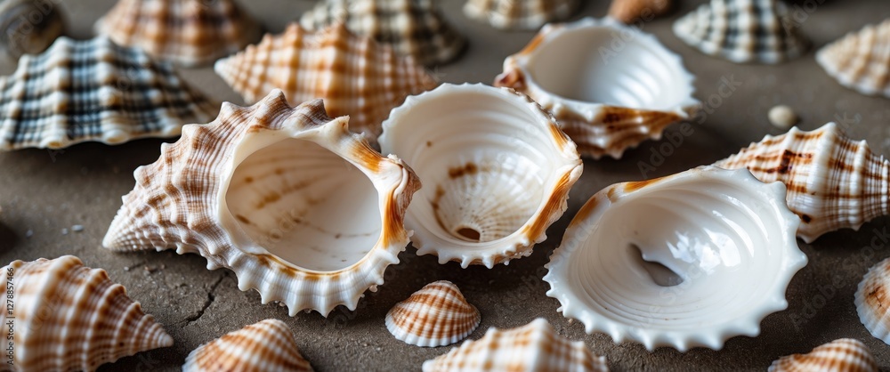 Poster various types of seashells with intricate patterns and textures displayed on a neutral background.