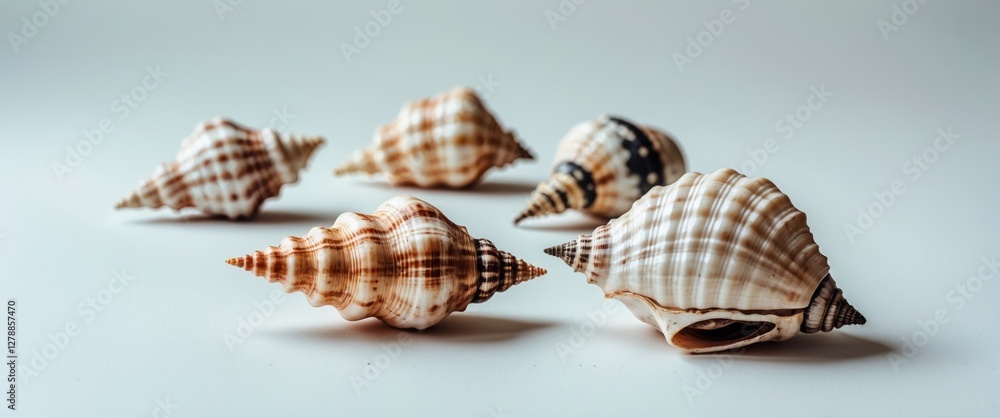 Poster brown and white striped seashells arranged on a light background displaying unique textures and natu