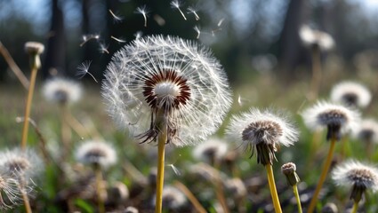Dandelion Seed Head in Natural Outdoor Setting with Seeds Dispersing in the Breeze on a Bright Day