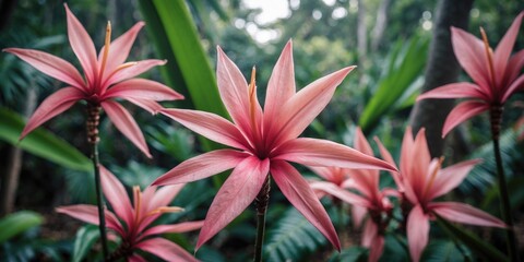 Tropical Pink Flowers in Lush Green Environment with Space for Text or Message Background Nature Aesthetic