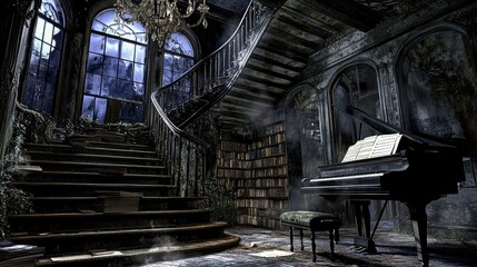 Grand Piano in Abandoned Mansion Dramatic Staircase Artwork