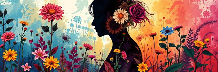 Obraz premium Silhouette of a female profile surrounded by intricate flowers and plants in an AI generated image, colorful, flowers, digital art