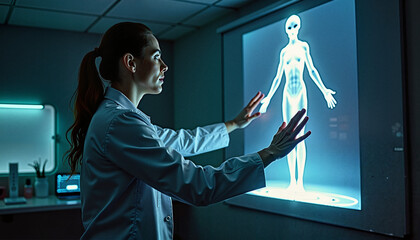 Female Scientist Examining Alien Anatomy on Screen