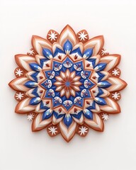 Independence Day history commemoration ceremony patriotism. A vibrant, symmetrical mandala with intricate patterns in blue, orange, and white, featuring floral and geometric shapes.