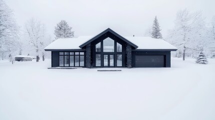 Modern snow-covered house, winter landscape, aerial view, real estate