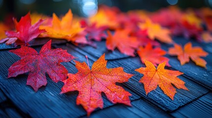 Colorful autumn leaves artistically spread across a rustic wooden table surface