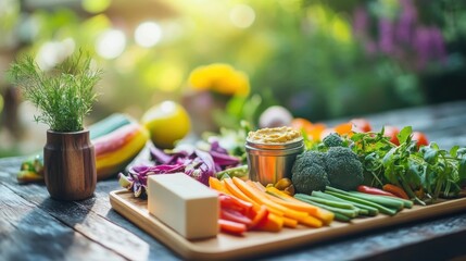 Colorful vegetable platter with hummus and tofu