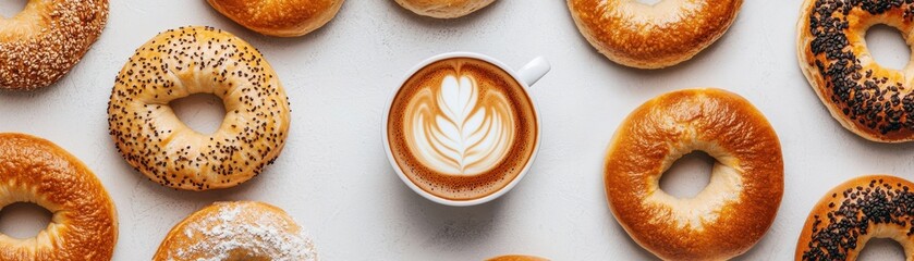 Delicious Assortment of Bagels and Coffee with Artistic Latte Art on a Neutral Background