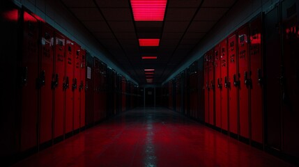 Dark red hallway with lockers, red lighting.
