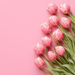 "Beautiful pink tulips arranged elegantly on a soft pastel pink background, top view, perfect for celebrating Happy Women's Day, spring season, floral themes, and feminine concepts. Ideal for greeting
