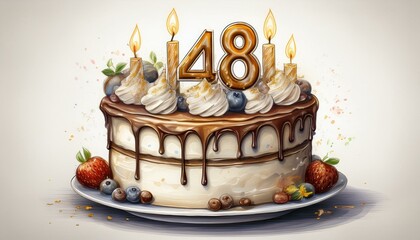 Illustration of decorated white cake for birthday or anniversary party. Number 48, forty-eighth birthday celebration