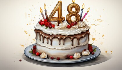 Illustration of decorated white cake for birthday or anniversary party. Number 48, forty-eighth birthday celebration