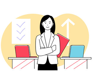 Illustration of a woman in a pantsuit who is confident enough to do her job. Cool. Simple illustration
