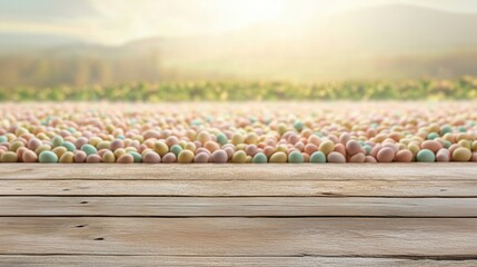 Fototapeta premium Easter eggs covering a wooden table in a sunny field, copy space