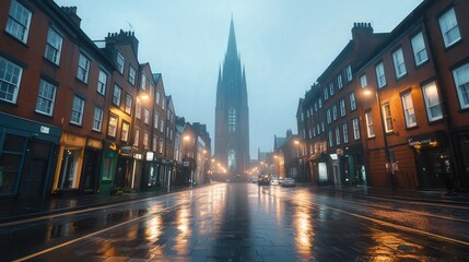 Fototapeta premium Rainy city street, church spire, dawn