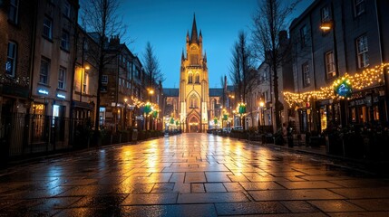Fototapeta premium Night scene, church, city street, lights
