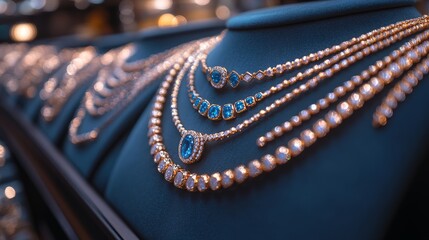 Fototapeta premium Luxurious gold necklaces with blue gemstones displayed on black velvet stands in jewelry store.