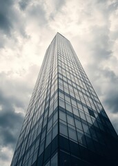 A highrise building made of glass and metal against a stormy sky view from below skyscraper city building skyscraper downtown business architecture cityscape