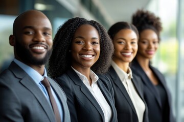Team of black professionals stands confidently together, dressed in formal business attire. Their unity and expressions reflect strength and professionalism within corporate environment.