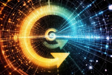 A colorful spiral with two arrows pointing in opposite directions