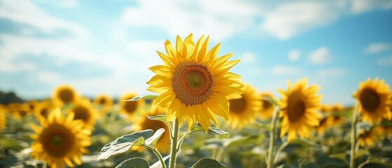 Fototapeta premium A vibrant sunflower basks under a bright blue sky, standing tall and capturing the essence of summer’s warmth and joy.