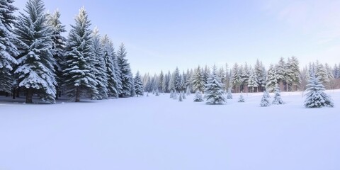 Obraz premium Snow-covered pine trees stand tall under a clear blue sky in a serene winter wonderland, cold, white, snow