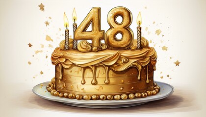 Illustration of decorated gold cake for birthday or anniversary party. Number 48, forty-eighth birthday celebration