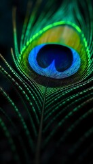 Naklejka premium Generative AI, Mesmerizing close-up of a peacock feather showcasing intricate details and vibrant colors