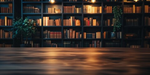 Empty wooden table illuminating a classic library background