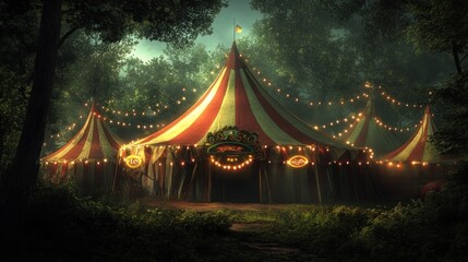 Enchanting circus tent nestled in a dark, mysterious forest at night, illuminated by string lights.