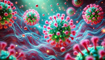 A vibrant and dynamic microscopic view of a viral infection, showcasing multiple spherical virus particles with spiky protein structures