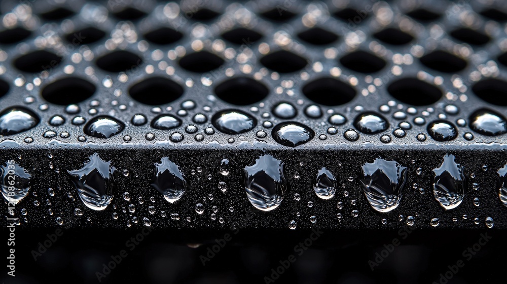 Poster glimmering water droplets on a smooth black surface capturing light and refreshing vibes