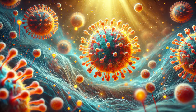 A vibrant and dynamic microscopic view of a viral infection, showcasing multiple spherical virus particles with spiky protein structures