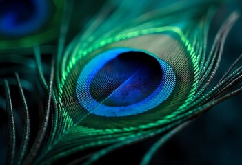 Naklejka premium Generative AI captures the intricate beauty of a peacock feather, showcasing vibrant blue and green hues in a stunning close-up