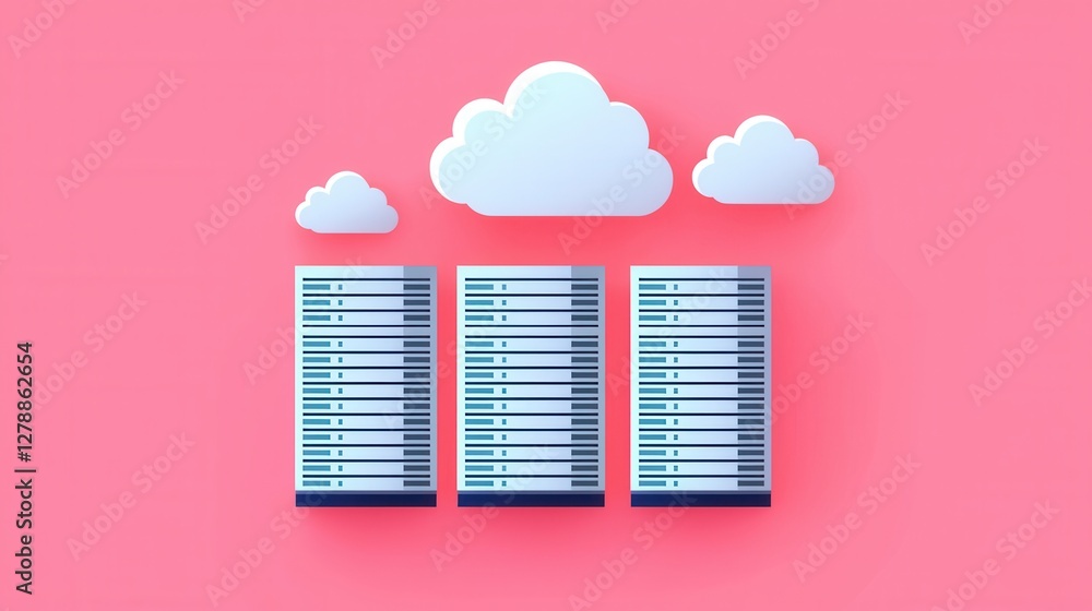 Poster three server racks accompanied by cloud icons against a pink background, symbolizing cloud computing