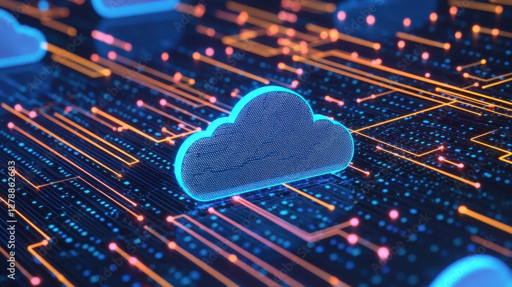 Poster a digital representation of a cloud symbol surrounded by vibrant circuits, illustrating cloud comput
